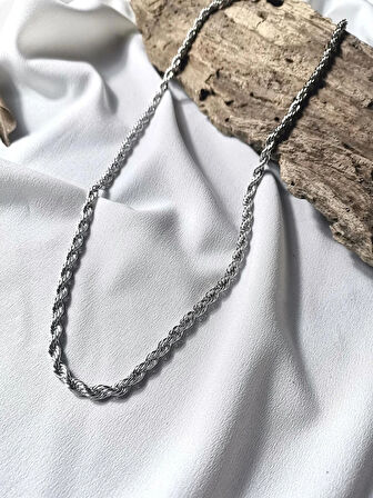 Luna Jewelry Erkek Gümüş Renk Rope  316L Çelik Burgu Zincir Kolye