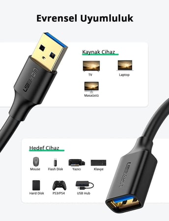 USB 3.0 Uzatma Kablosu, 50 cm, Siyah