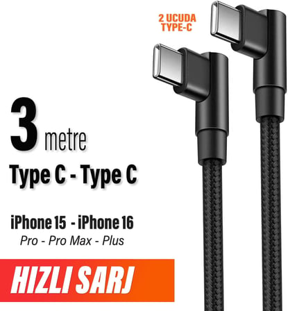 3 Metre TYPE-C Şarj Kablosu HIZLI Şarj Samsung ile Uyumlu Type c to Type C Uzun Kablo