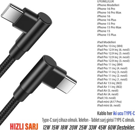 3 Metre TYPE-C Şarj Kablosu HIZLI Şarj Samsung ile Uyumlu Type c to Type C Uzun Kablo