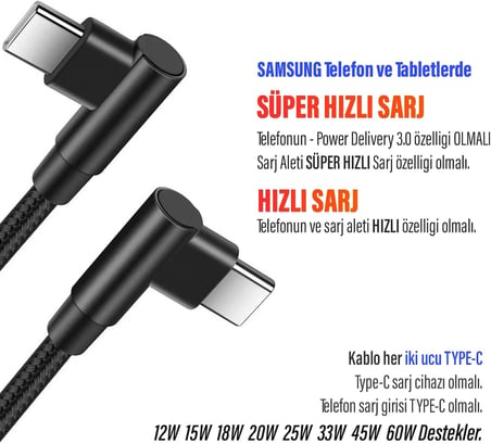 3 Metre TYPE-C Şarj Kablosu HIZLI Şarj Samsung ile Uyumlu Type c to Type C Uzun Kablo