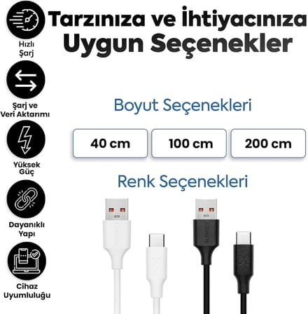 USB to Type-C ile Uyumlu iPhone ve Samsung ile Uyumlu Hızlı Şarj ve Data Kablosu 100 cm (Beyaz)