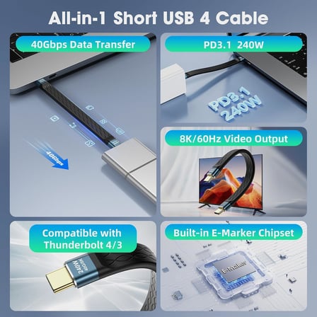 All-in-1 10 CM USB-C 4 Kablo – PD3.1 240W Hızlı Şarj ve Yüksek Hızlı Veri Transferi Gri WAN-01