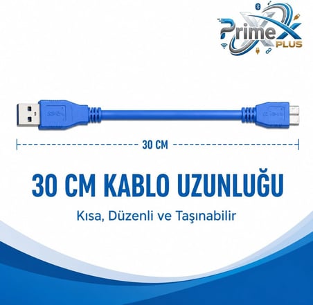 PrimeX PX-4120 USB 3.0 30 cm Taşınabilir Harddisk Kablosu, USB-A to Micro-B Harici Disk Data ve Güç Kablosu, WD Seagate Toshiba Samsung Adata Intenso Uyumlu Kısa USB 3.0 HDD SSD Bağlantı Kablosu