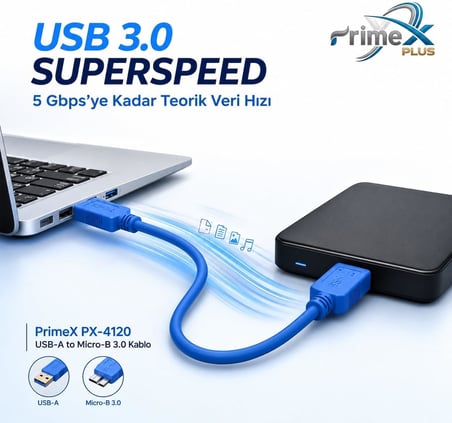 PrimeX PX-4120 USB 3.0 30 cm Taşınabilir Harddisk Kablosu, USB-A to Micro-B Harici Disk Data ve Güç Kablosu, WD Seagate Toshiba Samsung Adata Intenso Uyumlu Kısa USB 3.0 HDD SSD Bağlantı Kablosu