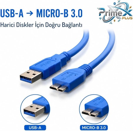 PrimeX PX-4120 USB 3.0 30 cm Taşınabilir Harddisk Kablosu, USB-A to Micro-B Harici Disk Data ve Güç Kablosu, WD Seagate Toshiba Samsung Adata Intenso Uyumlu Kısa USB 3.0 HDD SSD Bağlantı Kablosu