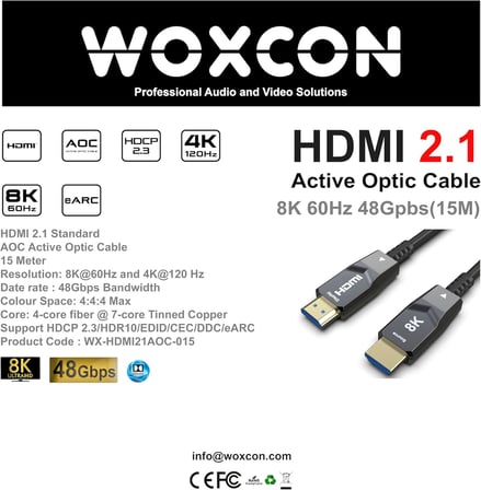 8K HDMI AOC Fiber Kablo - Hdmi 2.1 Standart - 48Gbps, 8K 60Hz, 4K 120Hz, 4K 60Hz, eARC, HDR, D-HDR, HDCP2.3, Dolby Vision, Dolby Atmos (15 Metre)