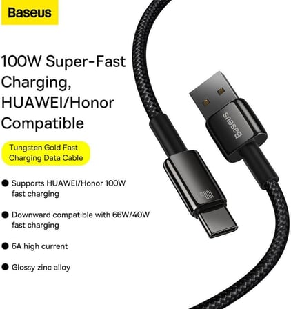 Tungsten Gold Hızlı Şarj Kablosu USB to Type-C 100W, 1m, Siyah