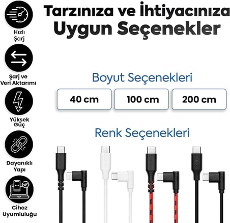 Type-C to Type-C ile Uyumlu iPhone ve Samsung ile Uyumlu Hızlı Şarj ve Data Kablosu 200 cm L Tipi Gaming (Siyah)