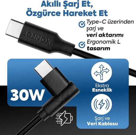 Type-C to Type-C ile Uyumlu iPhone ve Samsung ile Uyumlu Hızlı Şarj ve Data Kablosu 200 cm L Tipi Gaming (Siyah)