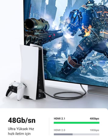 8K HDMI 2.1 Kablo desteği HDR10, eARC, PS5 için 3D, Xbox S, Monitör vb (1m), Gri