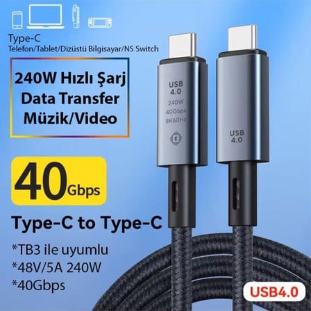 40Gbps 240W 4.0 Thunderbolt Type-C to Type-C Şarj, Data ve 8K 60Hz Görüntü Aktarım Kablosu Tip C 1 Metre ZR852