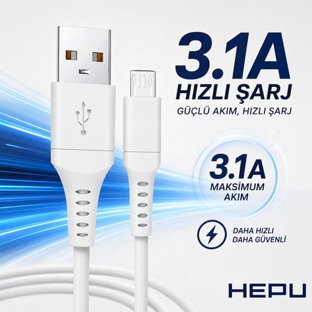HP-NYK003 Nova Series USB-A to Micro USB 3.1A Hızlı Şarj ve Veri Transfer Kablosu (1 Metre) – Micro USB Destekli Android Cihazlar Powerbank ve Hoparlörler ile Uyumlu Beyaz