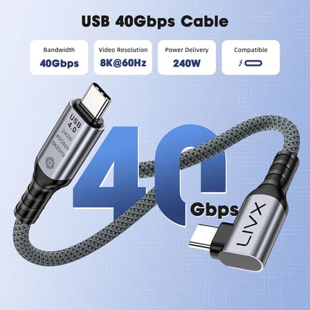 USB4 Kablo 90 Derece USB-C to USB-C 40Gbps Veri Aktarım, 240W PD Hızlı Şarj, 8K@60Hz Görüntü Desteği, Thunderbolt 3/4 ile Uyumlu, Örgülü Dayanıklı Şarj ve Data Kablosu KLV-Y