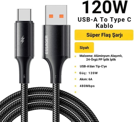 1 Metre 6A 120W Mega Hızlı USB To Type C Şarj Data Kablosu, Akım,Isı Korumalı, Güçlü Kablo