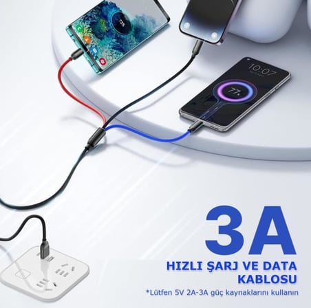 Hızlı Şarj ve Data Aktarım Kablosu, 60W - 3A USB A, Type C (Usb c), Micro USB, Lightning Uyumlu 3 ü 1 Arada Çoklu Kablo