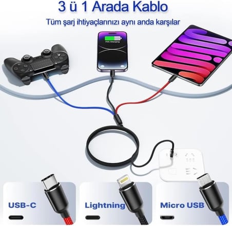 Hızlı Şarj ve Data Aktarım Kablosu, 60W - 3A USB A, Type C (Usb c), Micro USB, Lightning Uyumlu 3 ü 1 Arada Çoklu Kablo