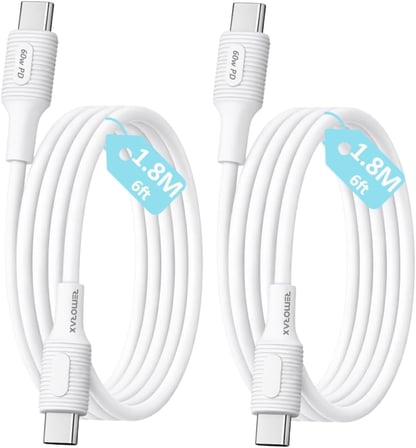2 Adet x 180cm (6ft) Type C-C Kablo Seti, Kaymaz Tutamaç, 60Watt PD Hızlı Şarj, iPhone 15/16/17 ve Android İçin, Beyaz, Coral (2 Ad x 1.8Mt Beyaz)