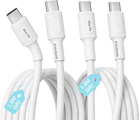 2 Adet x 180cm (6ft) Type C-C Kablo Seti, Kaymaz Tutamaç, 60Watt PD Hızlı Şarj, iPhone 15/16/17 ve Android İçin, Beyaz, Coral (2 Ad x 1.8Mt Beyaz)