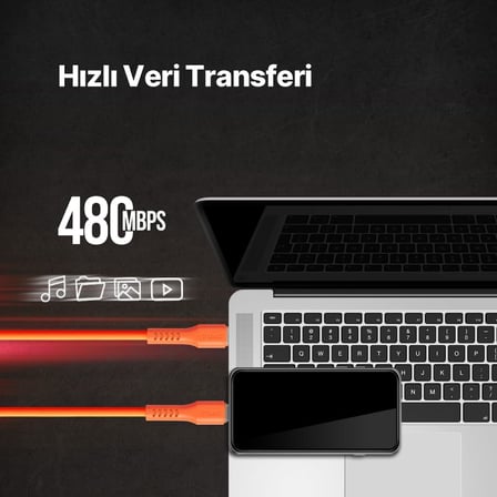 USB-C - USB-C 120cm 60W PD/QC Hızlı Şarj/Data Kablosu Neon 2DK59N (Neon Turuncu)