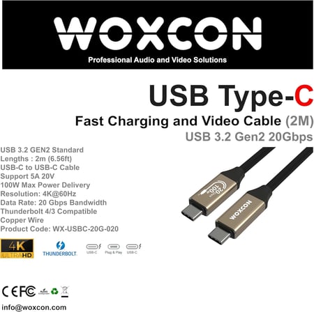 USB C Hızlı Şarj ve Görüntü Kablosu, USB 3.2 GEN2 Standart 20G Bandwith, Thunderbolt 4/3 uyumluluk, 4K 60Hz Çözünürlüğüne kadar destekler, 5A 20V, 100W Şarj Gücü 2 Metre