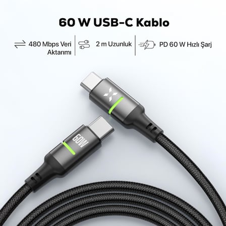 Type C Hızlı Şarj Kablosu | Type-C to Type-C 60W 480 Mpbs 2m PD Örgü Led Göstergeli X6422