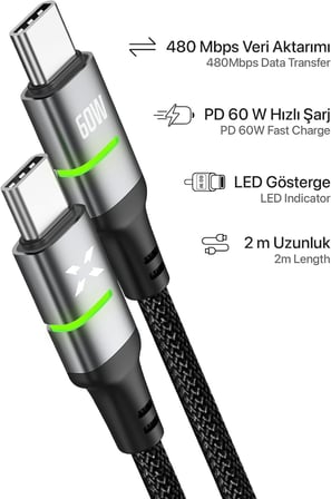Type C Hızlı Şarj Kablosu | Type-C to Type-C 60W 480 Mpbs 2m PD Örgü Led Göstergeli X6422
