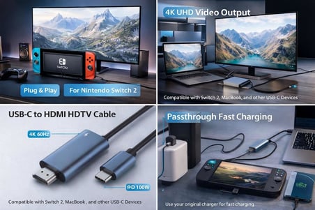 USB-C to HDMI Kablo 4K 60Hz | Switch 2 ile uyumlu, MacBookile uyumlu, iPad ile uyumlu ve Telefonlar İçin HD Görüntü ve Power Delivery 100W Şarj Desteği | Type-C - HDTV Bağlantısı | ZR1160