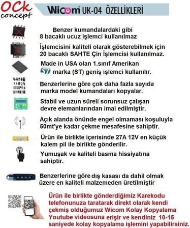 Kalem Kumanda, Akıllı Kopyalanabilir Kepenk Kumandası, Garaj Kumandası, Otopark Kumandası, Bariyer Kumandası, Wicom UK 04 Kalem Kumanda