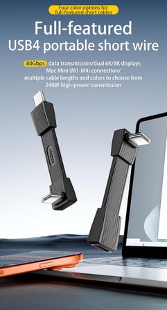 USB-C to USB-C 42mm Kısa Kablo, 240W PD3.1 Hızlı Şarj, 80Gbps Veri Aktarımı, 8K 60Hz Görüntü Desteği, Thunderbolt Uyumlu, USB4, Laptop Tablet Telefon için Ultra Kısa Adaptör Kablo OTGB