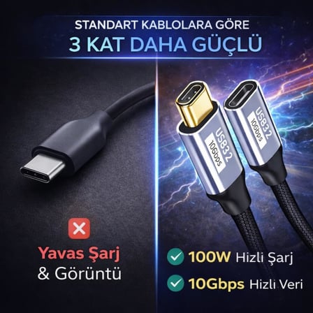 Örgü Kablo 1Mt Type-c Uzatma Kablosu 10Gbps Veri Ve Görüntü Aktarım 5A PD Hızlı Şarj Kablo