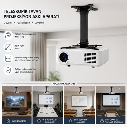 Teleskopik Projeksiyon Askısı Tavan Aparatı, Universal Projektör Montaj Braketi, Ayarlanabilir Projektör Tavan Askısı, Çelik Projektör Taşıyıcı Stand, Projeksiyon Cihazı Tavan Bağlantı
