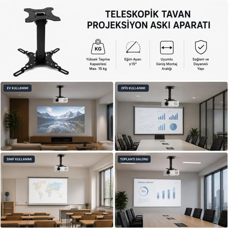 Teleskopik Projeksiyon Askısı Tavan Aparatı, Universal Projektör Montaj Braketi, Ayarlanabilir Projektör Tavan Askısı, Çelik Projektör Taşıyıcı Stand, Projeksiyon Cihazı Tavan Bağlantı