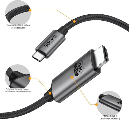 USB-C to HDMI Kablo, 2 Metre, 4K60Hz, 18Gbps, Type-C to HDMI Görüntü Kablosu, Thunderbolt 5/4/3 Uyumlu