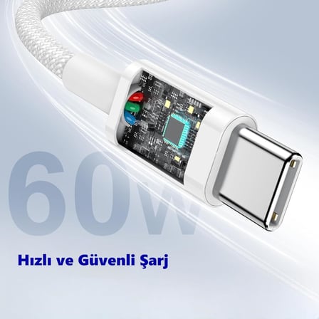 60W Type-C to Type-C Örgülü Data ve Şarj Kablosu 1m Beyaz K2795 (Orijinal Görünümlü)
