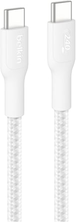Eco Örgülü USB-C - USB-C Kablosu, 3 m, 240 W, Yumuşak, Esnek Hızlı Şarj Kablosu, iPhone 16, Galaxy S25, Pixel 9, MacBook, iPad Pro ve Daha Fazlası için Tip-C Şarj Kablosu - Beyaz (USB 2.0)