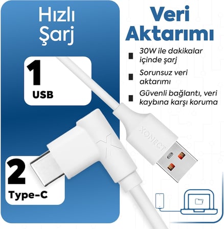 USB to Type-C ile Uyumlu iPhone ve Samsung ile Uyumlu Hızlı Şarj ve Data Kablosu 200 cm L Tipi Gaming (Beyaz)