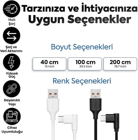 USB to Type-C ile Uyumlu iPhone ve Samsung ile Uyumlu Hızlı Şarj ve Data Kablosu 200 cm L Tipi Gaming (Beyaz)