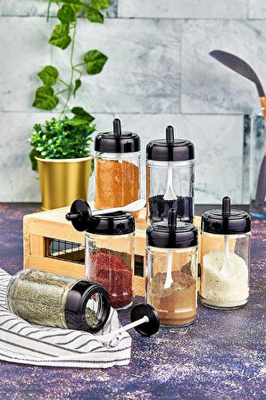 Kendinden Kaşıklı 6'lı Baharat Takımı Siyah Kapaklı