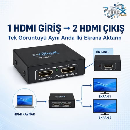 PrimeX PX-5002 2 Port HDMI Splitter, 1 Giriş 2 Çıkış Adaptörlü HDMI Çoklayıcı, 1080P 2K 4K FHD 3D Görüntü Dağıtıcı, PC Laptop Uydu Alıcı PS5 Xbox DVR NVR TV Box İçin Aynı Görüntü Ekran Çoğaltıcı