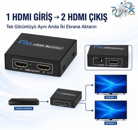 PrimeX PX-5002 2 Port HDMI Splitter, 1 Giriş 2 Çıkış Adaptörlü HDMI Çoklayıcı, 1080P 2K 4K FHD 3D Görüntü Dağıtıcı, PC Laptop Uydu Alıcı PS5 Xbox DVR NVR TV Box İçin Aynı Görüntü Ekran Çoğaltıcı