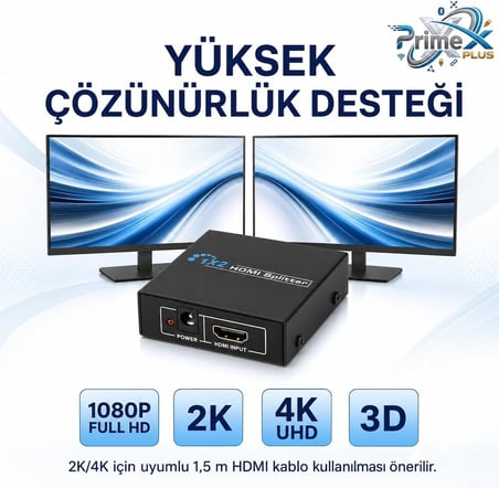 PrimeX PX-5002 2 Port HDMI Splitter, 1 Giriş 2 Çıkış Adaptörlü HDMI Çoklayıcı, 1080P 2K 4K FHD 3D Görüntü Dağıtıcı, PC Laptop Uydu Alıcı PS5 Xbox DVR NVR TV Box İçin Aynı Görüntü Ekran Çoğaltıcı