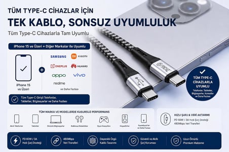 ByDiz Premium Örgülü USB-C - USB-C 60W Hızlı Şarj Kablosu, 1,5 m, PD Destekli Type-C Kablo, iPhone 15/16/17 Serisi, Galaxy S23/S24/S25, iPad, MacBook, Xiaomi Uyumlu, Siyah