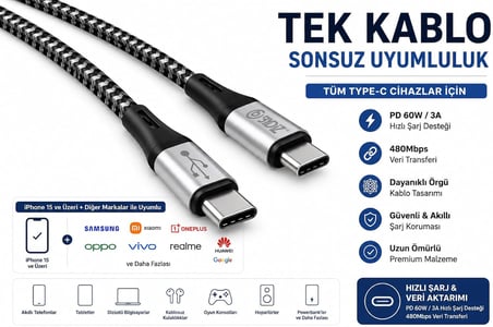 ByDiz Premium Örgülü USB-C - USB-C 60W Hızlı Şarj Kablosu, 1,5 m, PD Destekli Type-C Kablo, iPhone 15/16/17 Serisi, Galaxy S23/S24/S25, iPad, MacBook, Xiaomi Uyumlu, Siyah