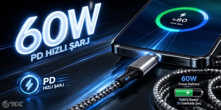 ByDiz Premium Örgülü USB-C - USB-C 60W Hızlı Şarj Kablosu, 1,5 m, PD Destekli Type-C Kablo, iPhone 15/16/17 Serisi, Galaxy S23/S24/S25, iPad, MacBook, Xiaomi Uyumlu, Siyah