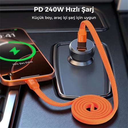 Manyetik Turuncu 240w 20Gbps Type-C to Type-C Hızlı Şarj, Görüntü ve Veri Aktarım Kablosu, iPhone, iPad, MacBook, Samsung Galaxy uyumlu