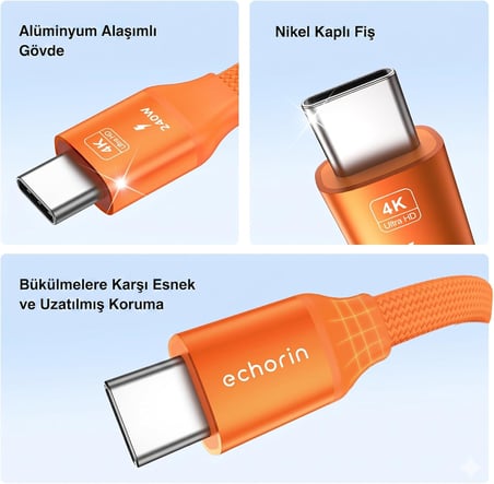 Manyetik Turuncu 240w 20Gbps Type-C to Type-C Hızlı Şarj, Görüntü ve Veri Aktarım Kablosu, iPhone, iPad, MacBook, Samsung Galaxy uyumlu