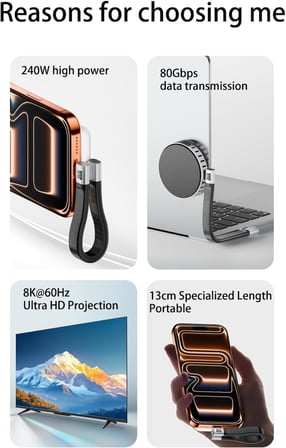 USB4 13 Cm Type-C Kablo 80Gbps, 240W PD 3.1 Hızlı Şarj, 8K@60Hz Görüntü Aktarımı, Kısa Esnek USB-C Kablo, Thunderbolt 4 ile Uyumlu OTGH
