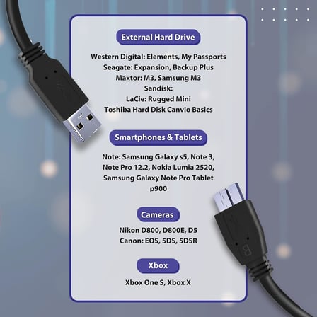Western Digital WD/Seagate/Elements/Toshiba/My Passport/Samsung Galaxy S5 M3 1TB/Hitachi/Xbox/PS4 için Taşınabilir Sabit Disk için Usb 3.0 A - Micro B Harici Sabit Sürücü Kablosu - Siyah (50cm)