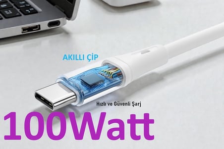 Type C-C, 2Metre, 100WATT PD Hızlı Şarj Kablosu, Wahoo (1Ad x 2Metre Beyaz)